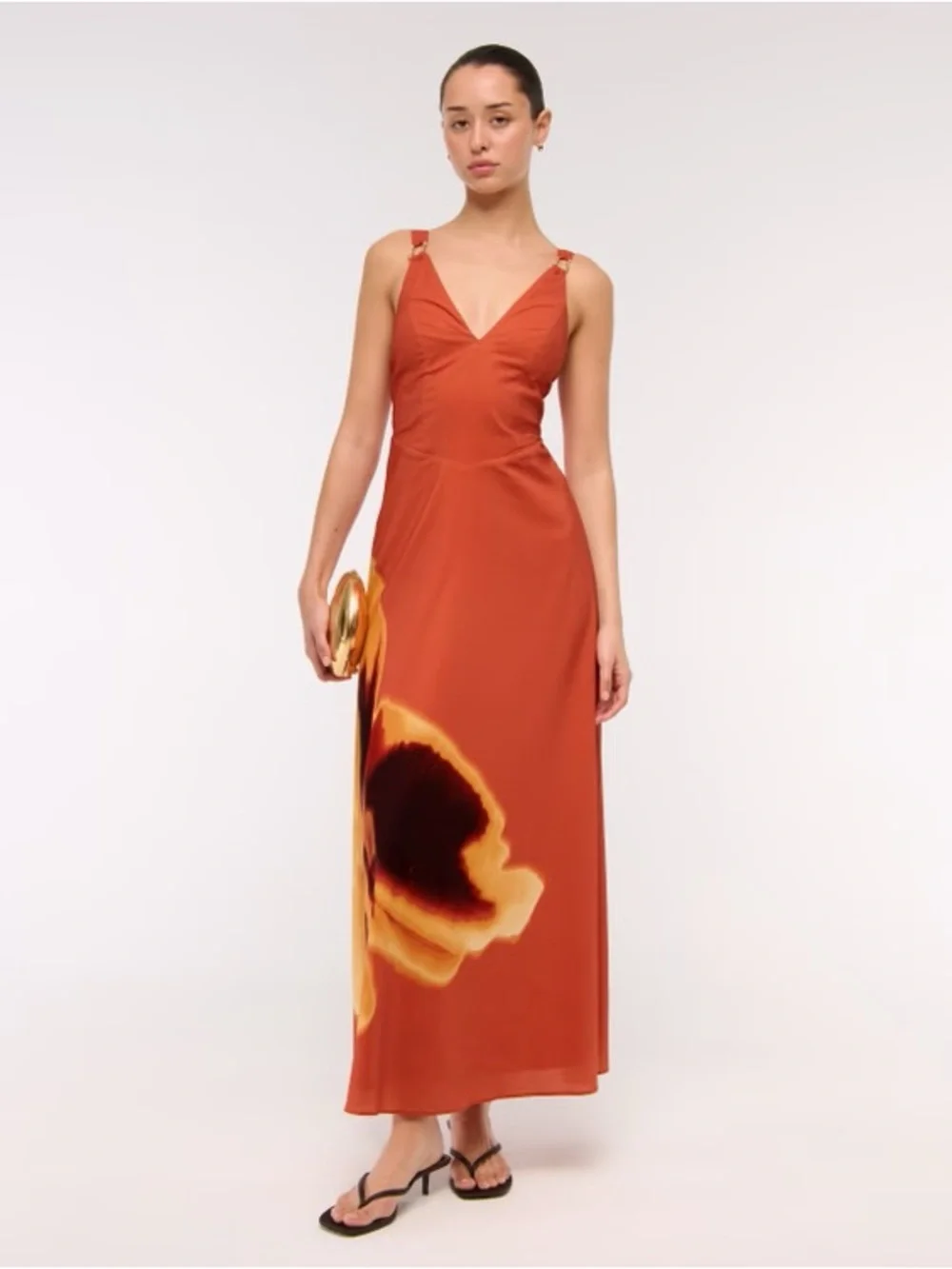 Abercrombie Dipped Waist Hardware Maxi Dress Orange Floral Size XS - Picture 3 of 8